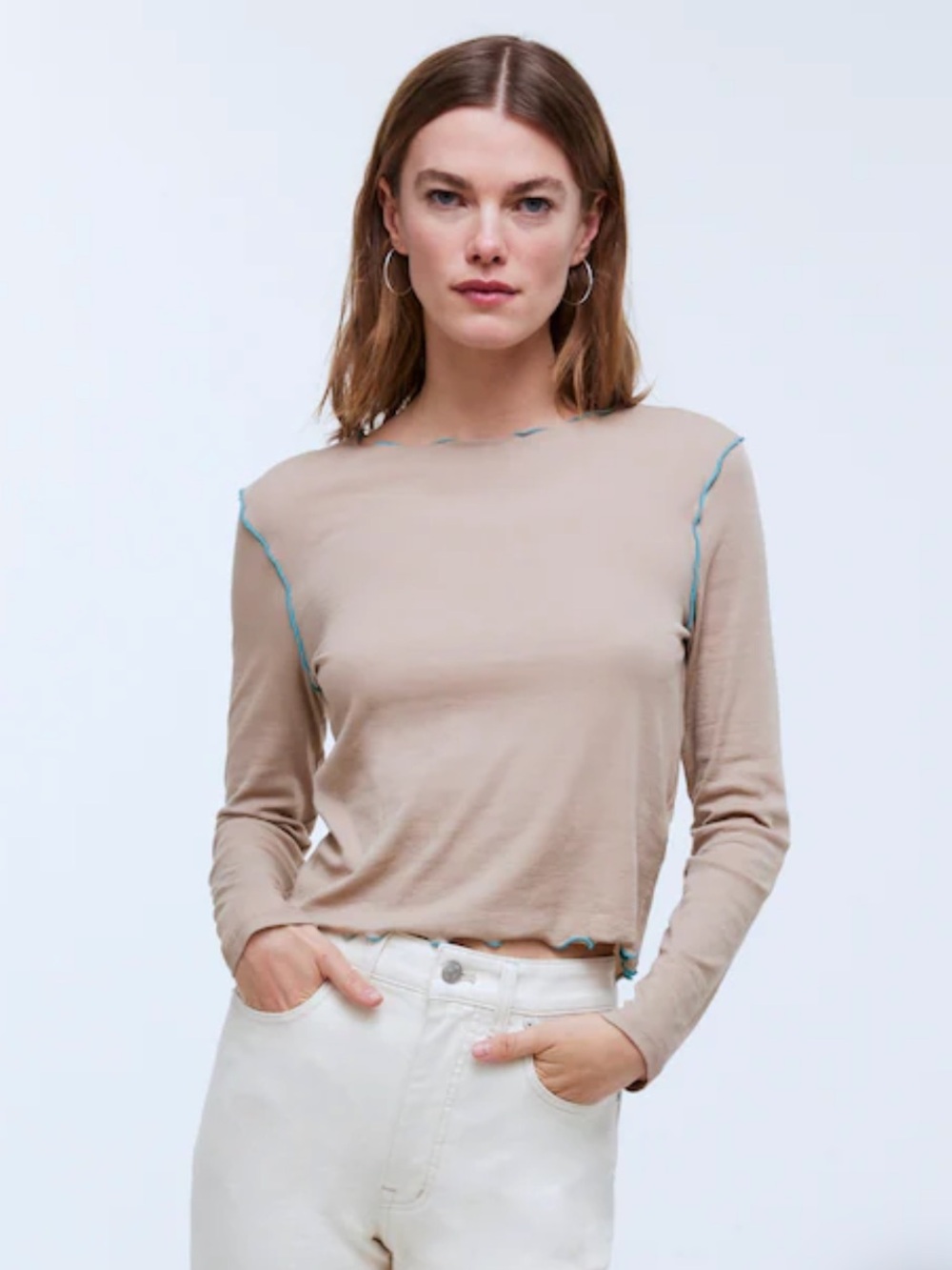 Madewell Contrast-Stitched Crewneck Crop Tee Dark Oat Size small